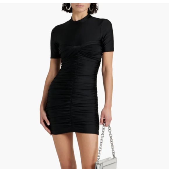 Alexander Wang  BLACK RUCHED SATIN JERSEY MINI DRESS - Picture 1 of 8